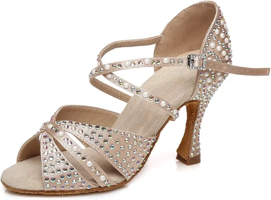 JUODVMP Women Rhinestone Ballroom Dance Shoes Latin Satin Salsa Performance Dance Shoes Model YCL428