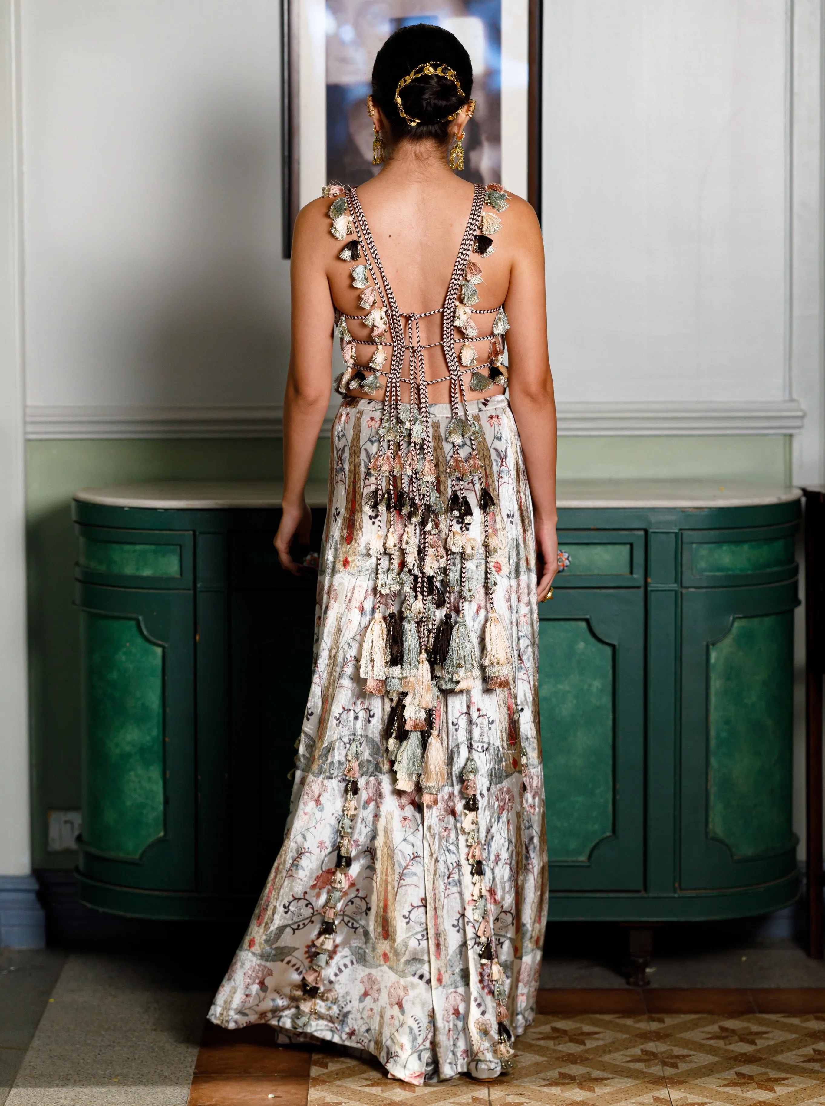 Kainat Ochre Forest Whisper Printed Embroidered Back Tie-Up Choli And Sharara Set