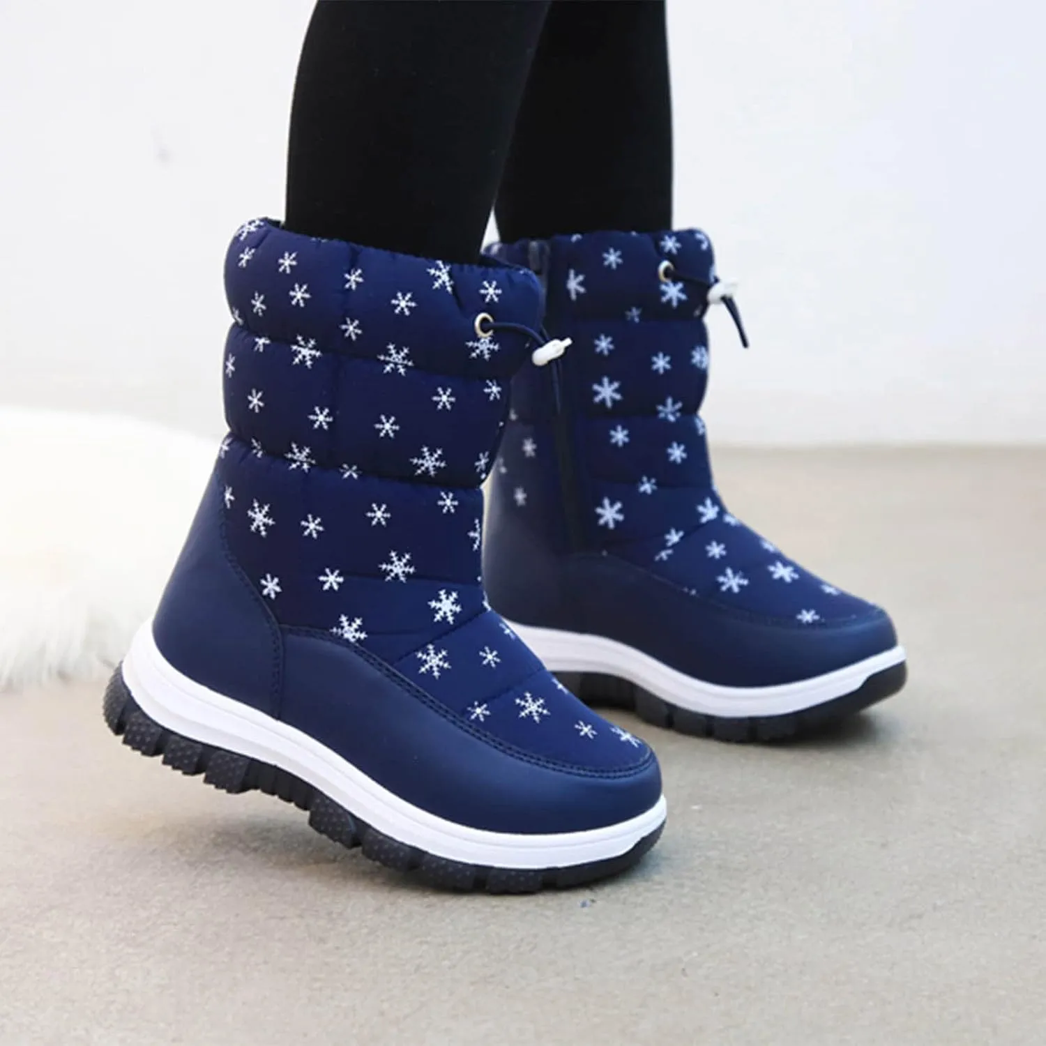 Kids Winter Thick Snowflake Snow Boots Boys Girls Soles Non Slip Mid Calf Booties Big Child Warm Hiking Shoes