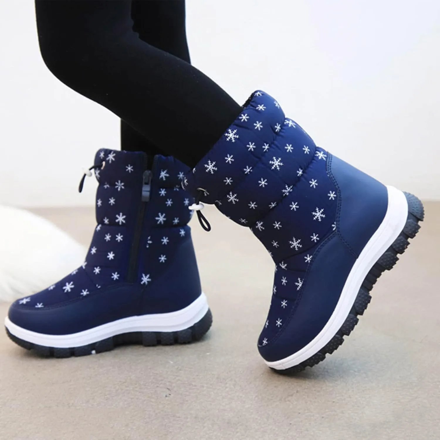 Kids Winter Thick Snowflake Snow Boots Boys Girls Soles Non Slip Mid Calf Booties Big Child Warm Hiking Shoes