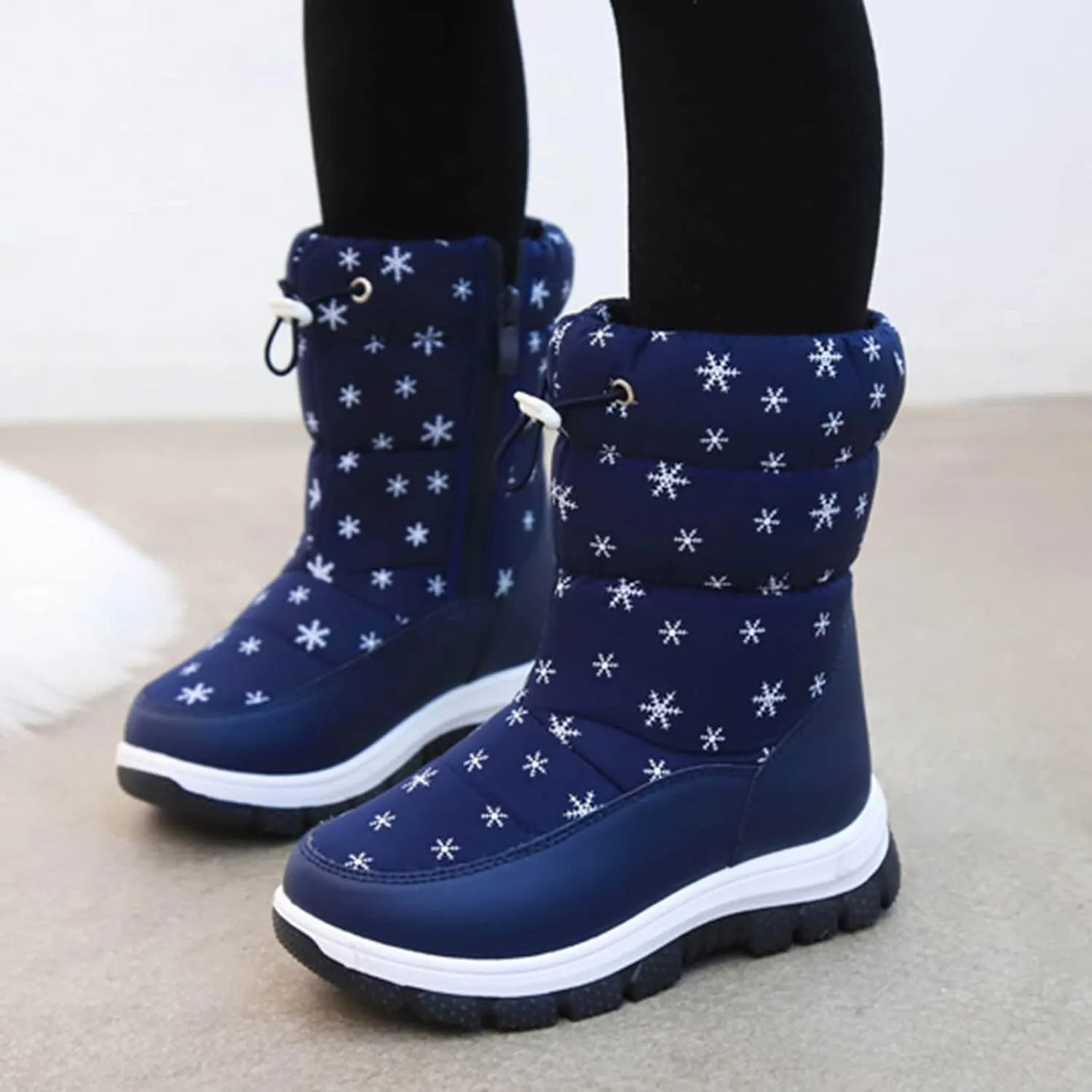 Kids Winter Thick Snowflake Snow Boots Boys Girls Soles Non Slip Mid Calf Booties Big Child Warm Hiking Shoes