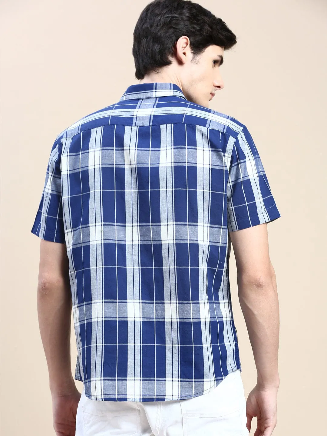 Men Blue Standard Slim Fit Tartan Checked Cotton Casual Shirt