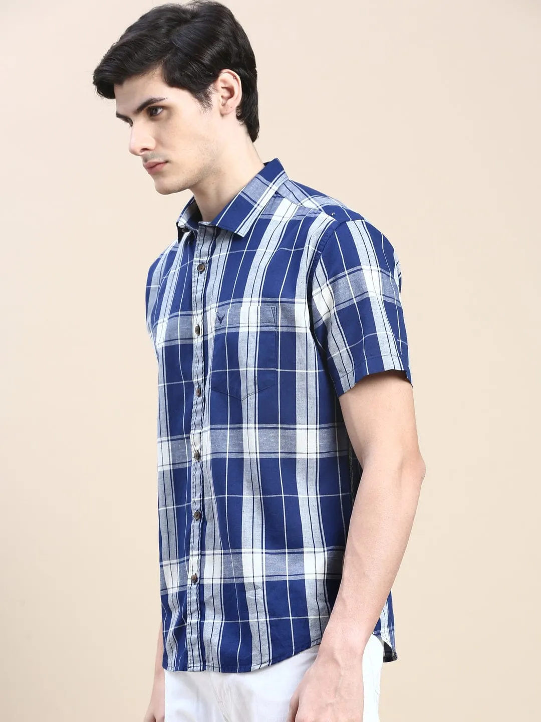 Men Blue Standard Slim Fit Tartan Checked Cotton Casual Shirt
