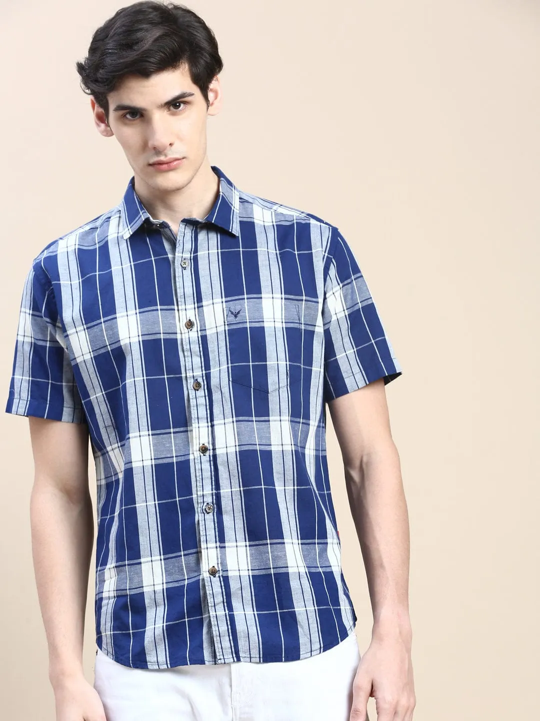 Men Blue Standard Slim Fit Tartan Checked Cotton Casual Shirt