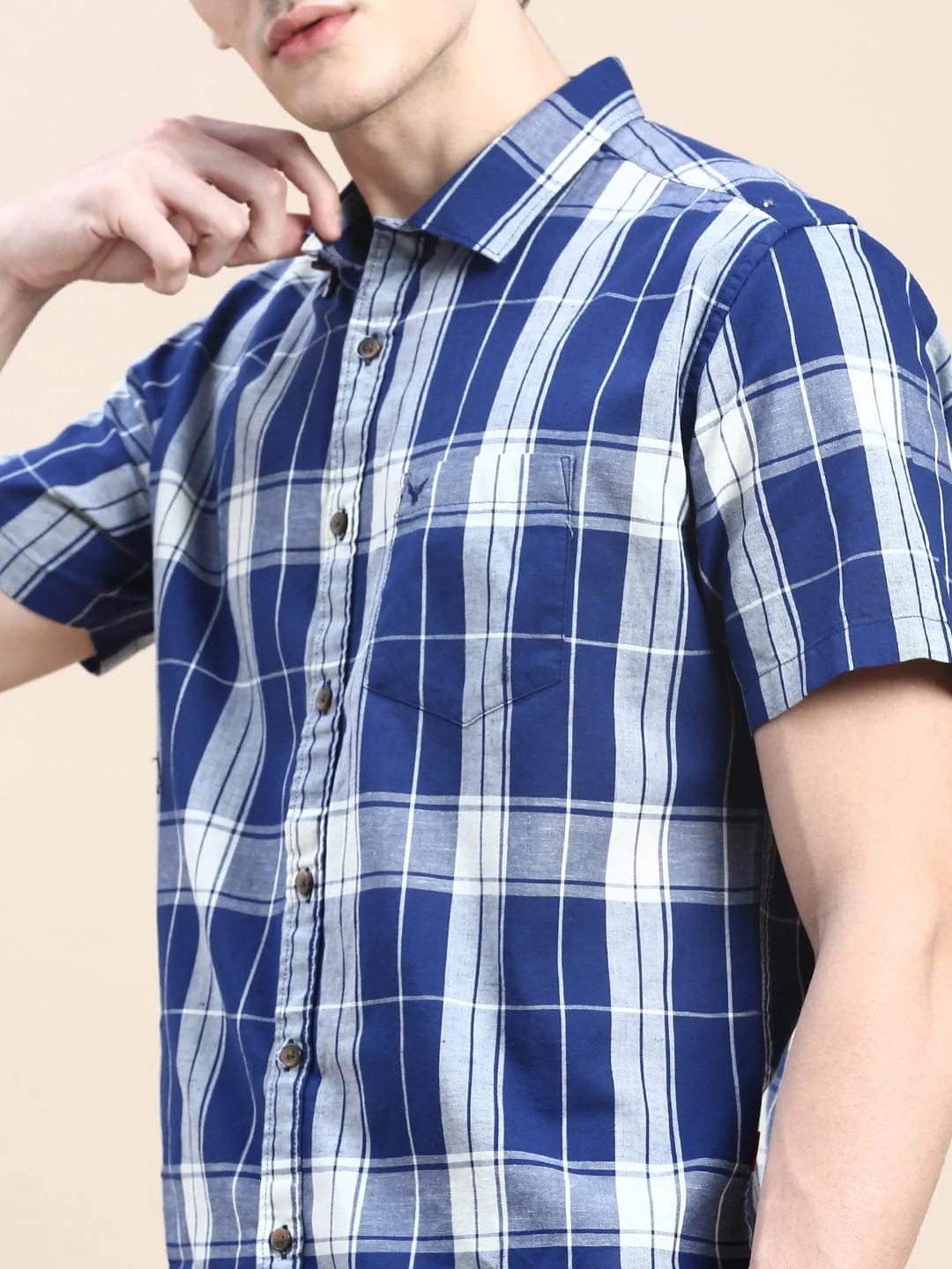 Men Blue Standard Slim Fit Tartan Checked Cotton Casual Shirt