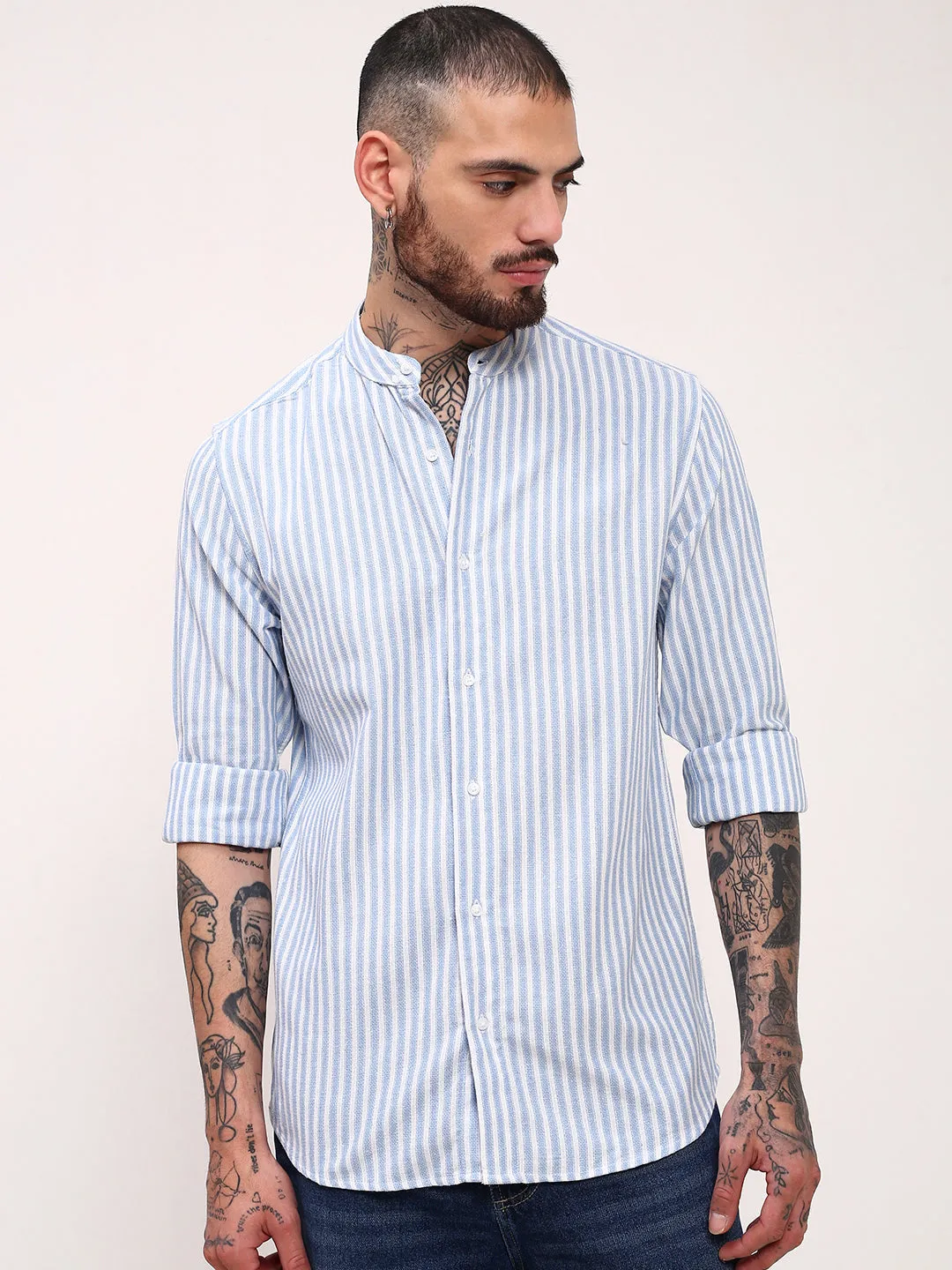 Men Blue Vertical Striped Slim Fit Shirt