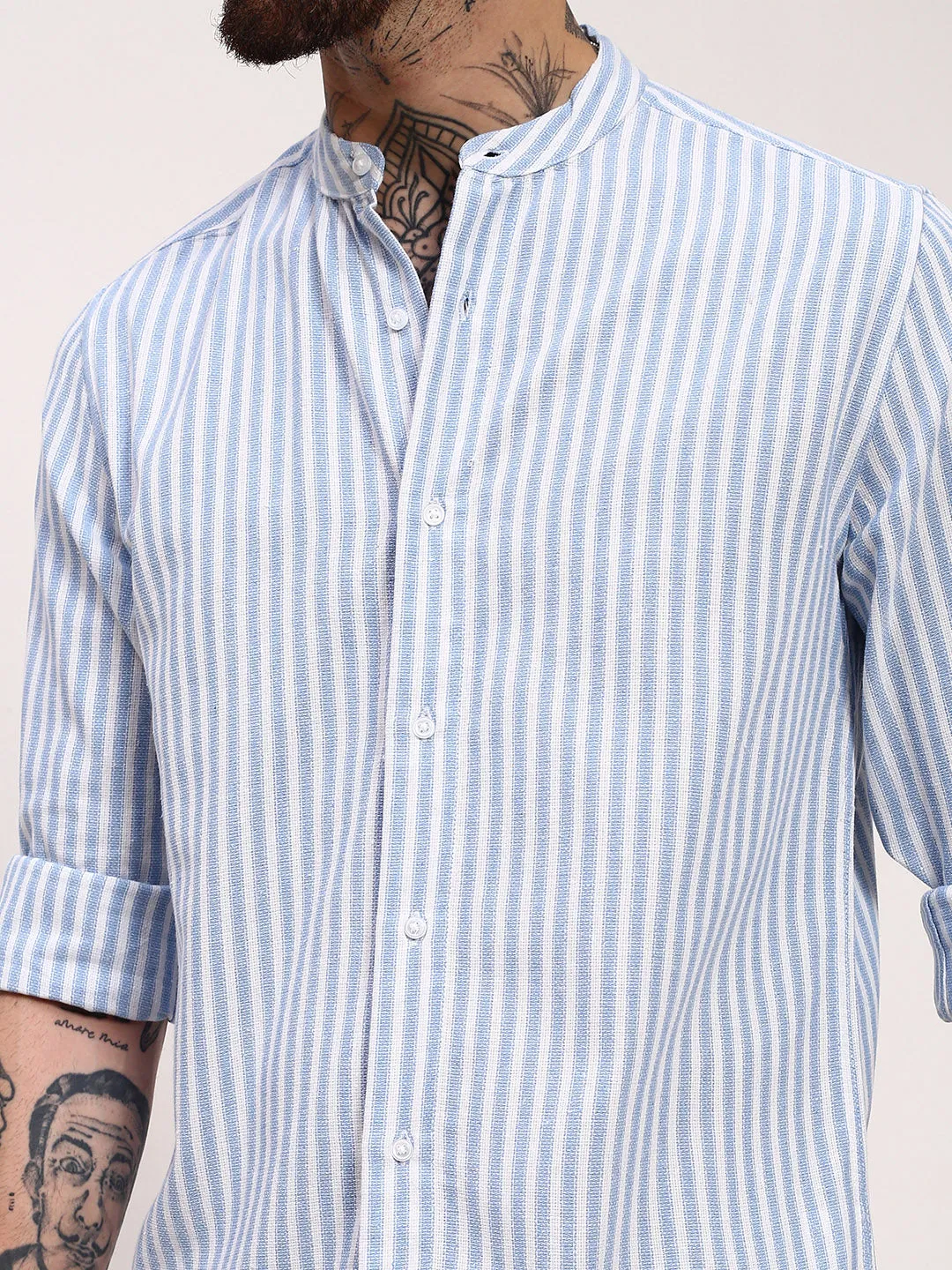 Men Blue Vertical Striped Slim Fit Shirt