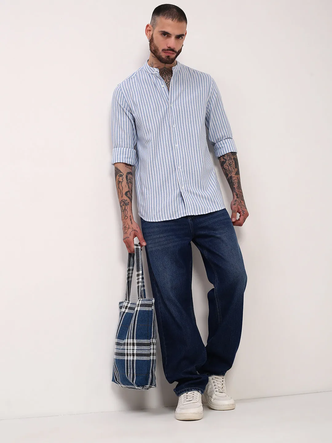 Men Blue Vertical Striped Slim Fit Shirt