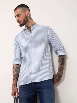 Men Blue Vertical Striped Slim Fit Shirt