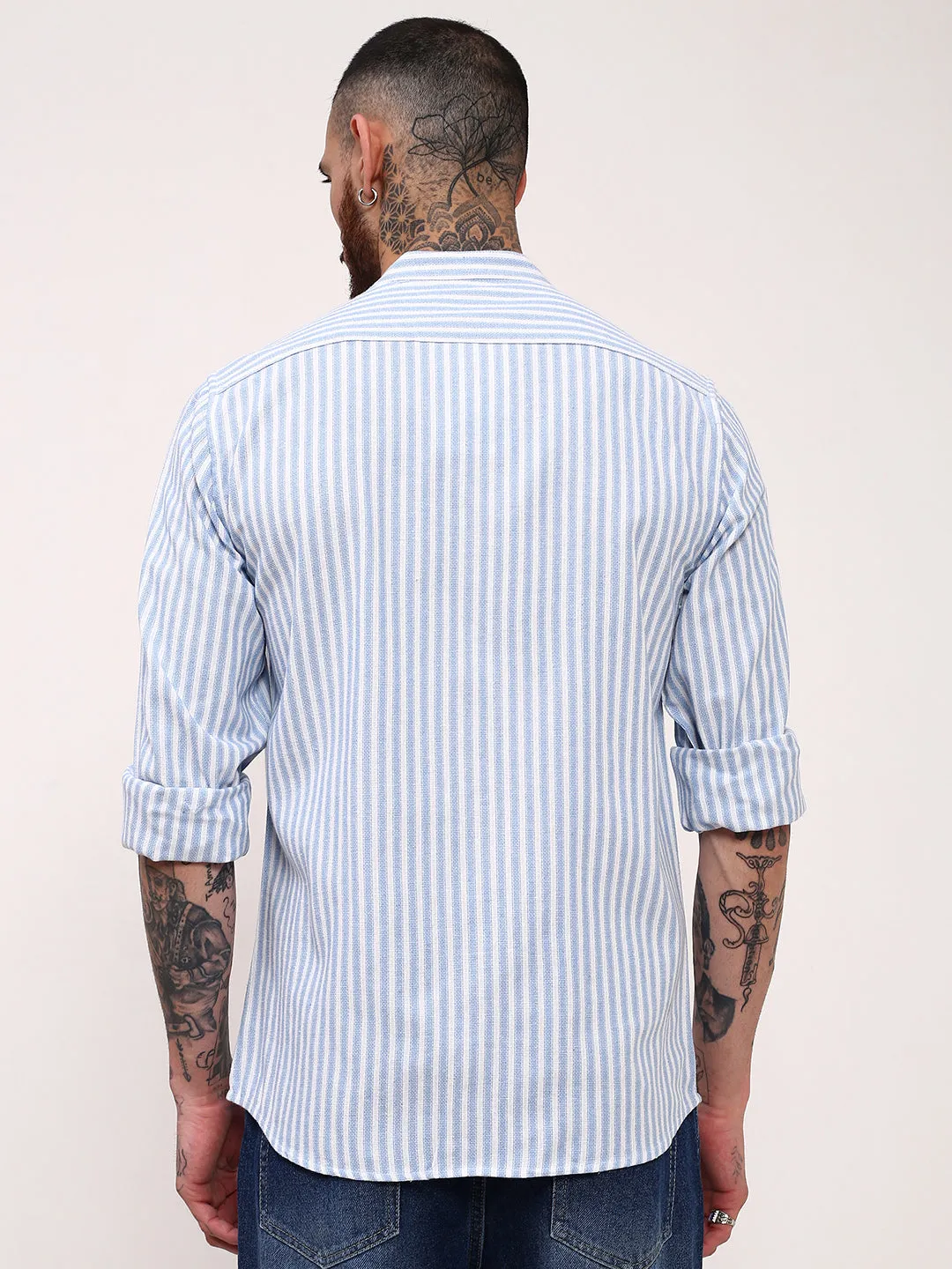 Men Blue Vertical Striped Slim Fit Shirt