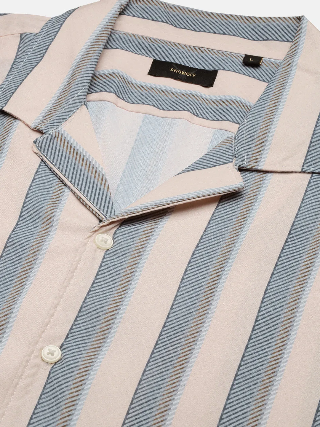 Men Cream Comfort Cuban Collar Vertical Striped Cotton Casual Shirt