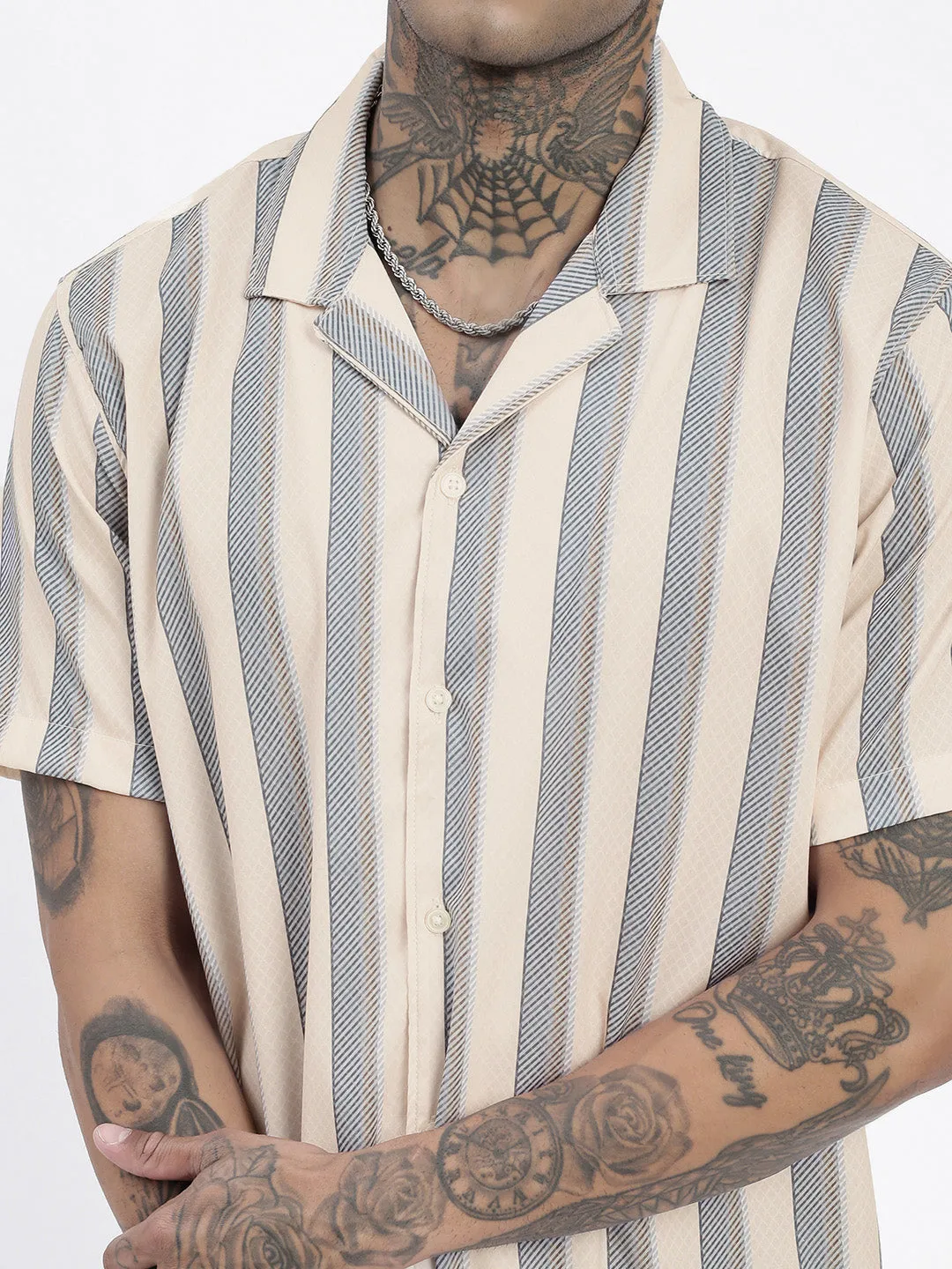 Men Cream Comfort Cuban Collar Vertical Striped Cotton Casual Shirt