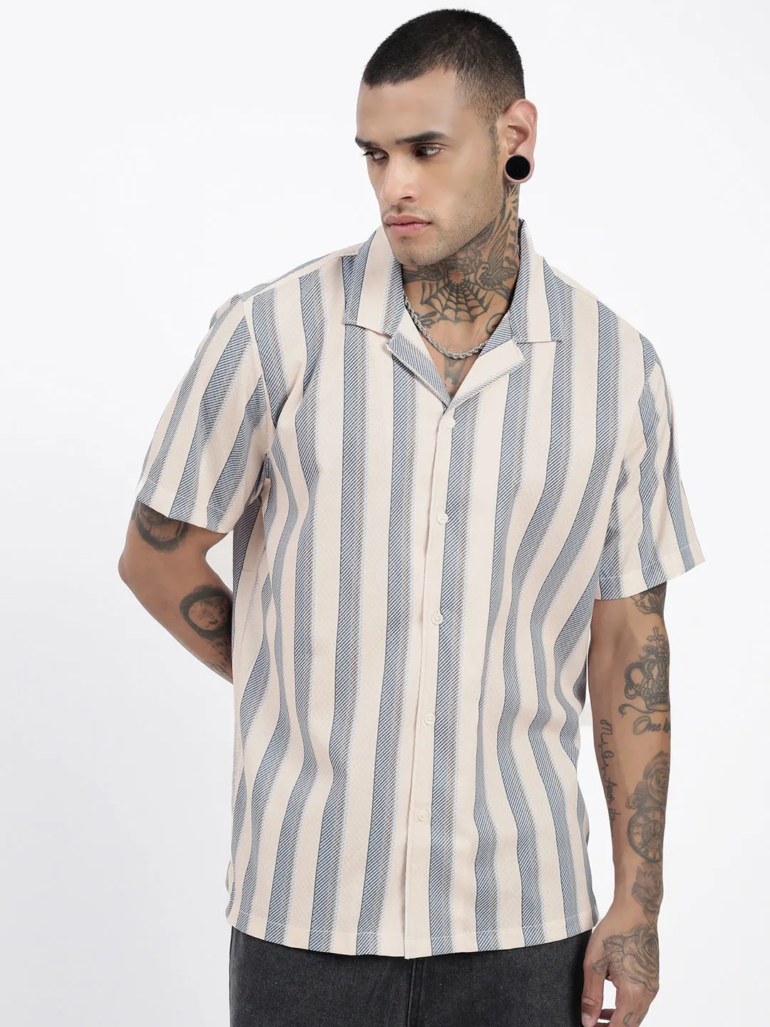 Men Cream Comfort Cuban Collar Vertical Striped Cotton Casual Shirt