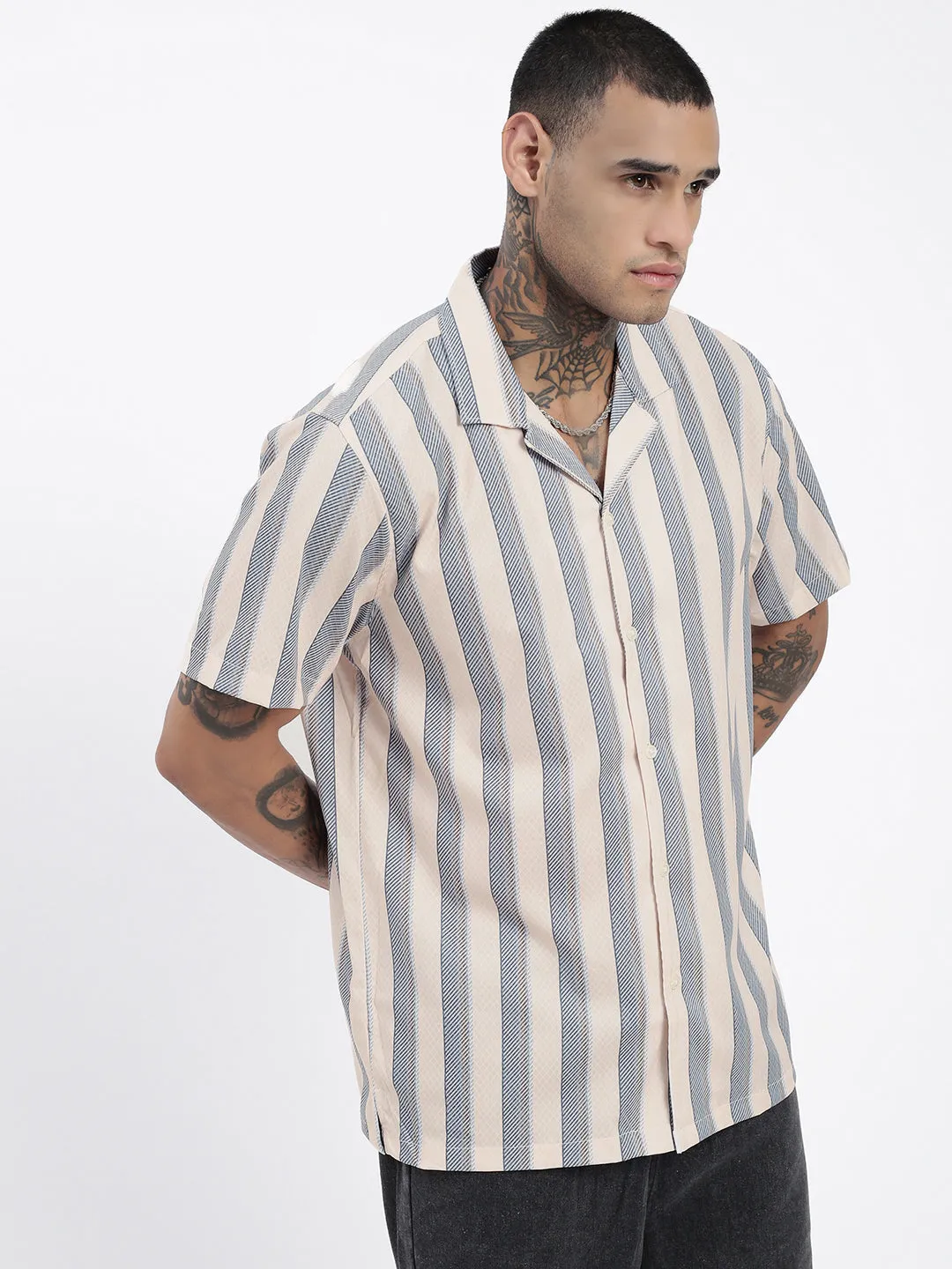 Men Cream Comfort Cuban Collar Vertical Striped Cotton Casual Shirt