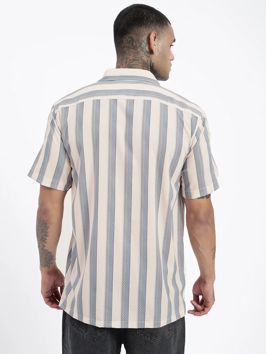 Men Cream Comfort Cuban Collar Vertical Striped Cotton Casual Shirt