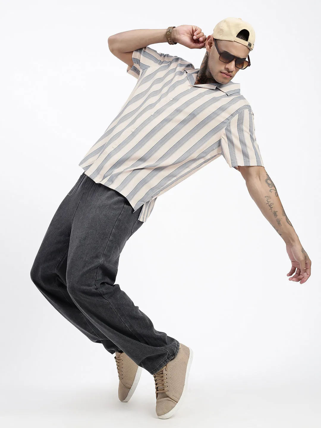 Men Cream Comfort Cuban Collar Vertical Striped Cotton Casual Shirt