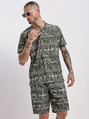 Men Graphic Printed Cuban Collar Green Co Ords Set