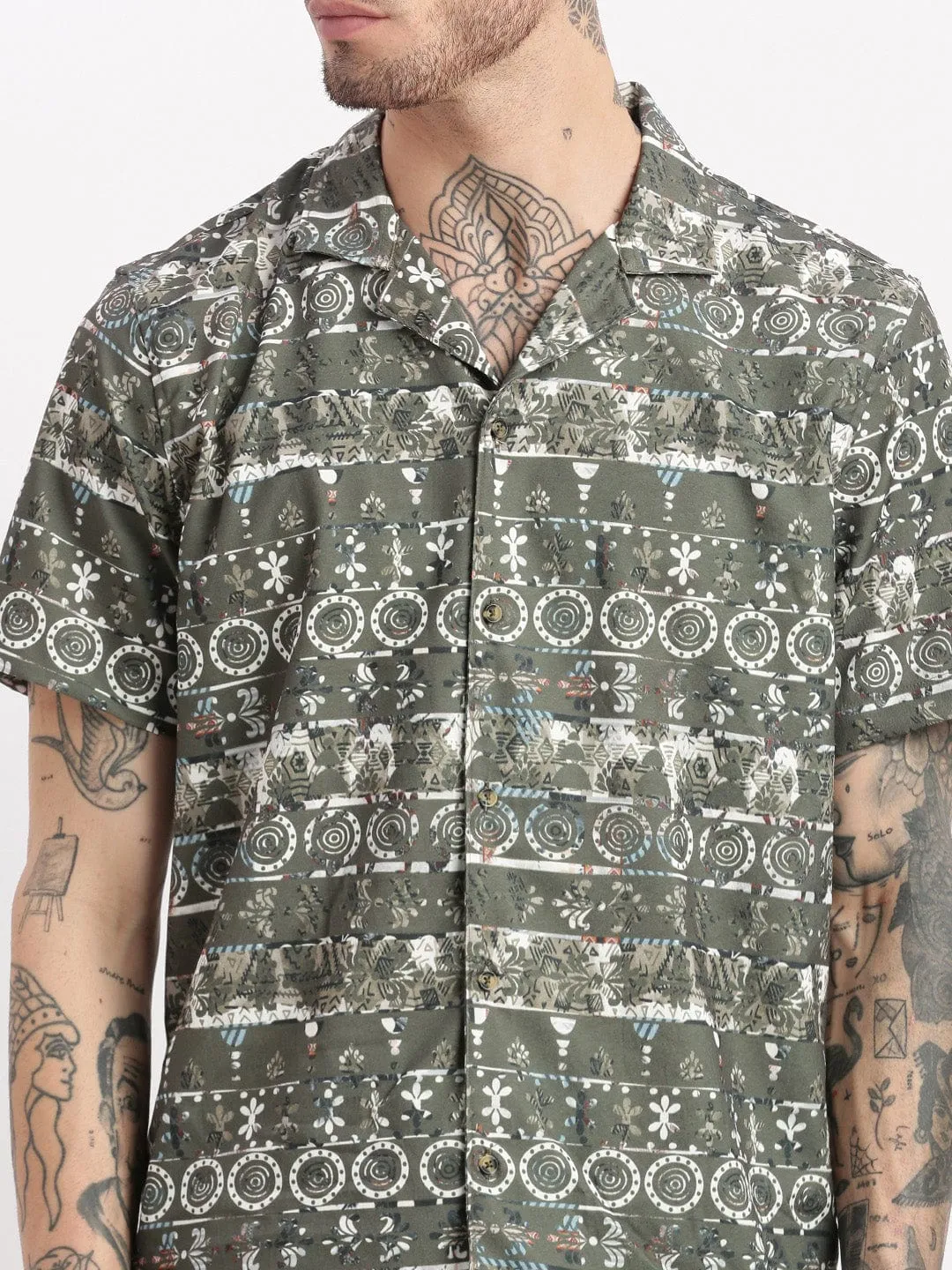 Men Graphic Printed Cuban Collar Green Co Ords Set