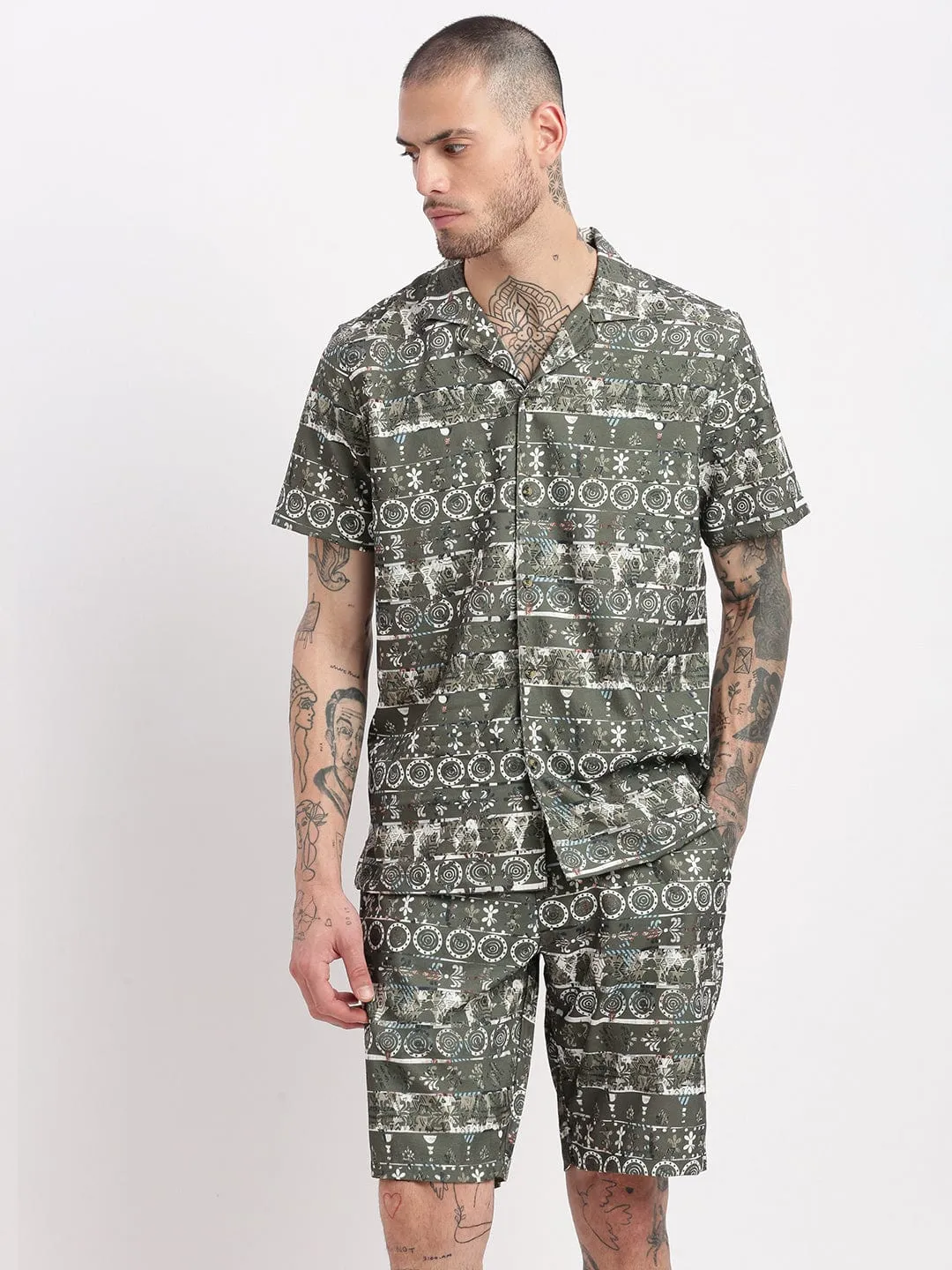 Men Graphic Printed Cuban Collar Green Co Ords Set