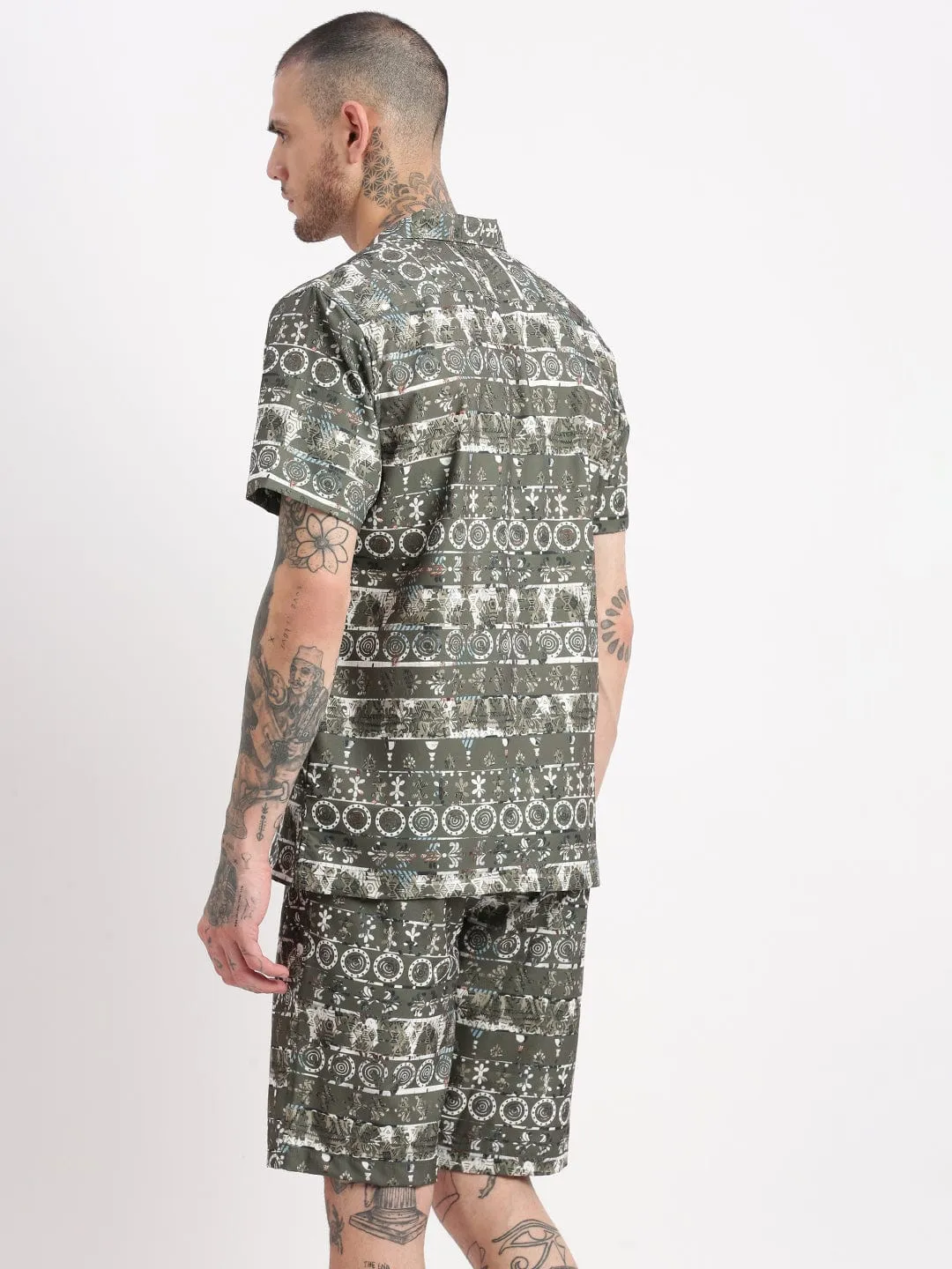 Men Graphic Printed Cuban Collar Green Co Ords Set