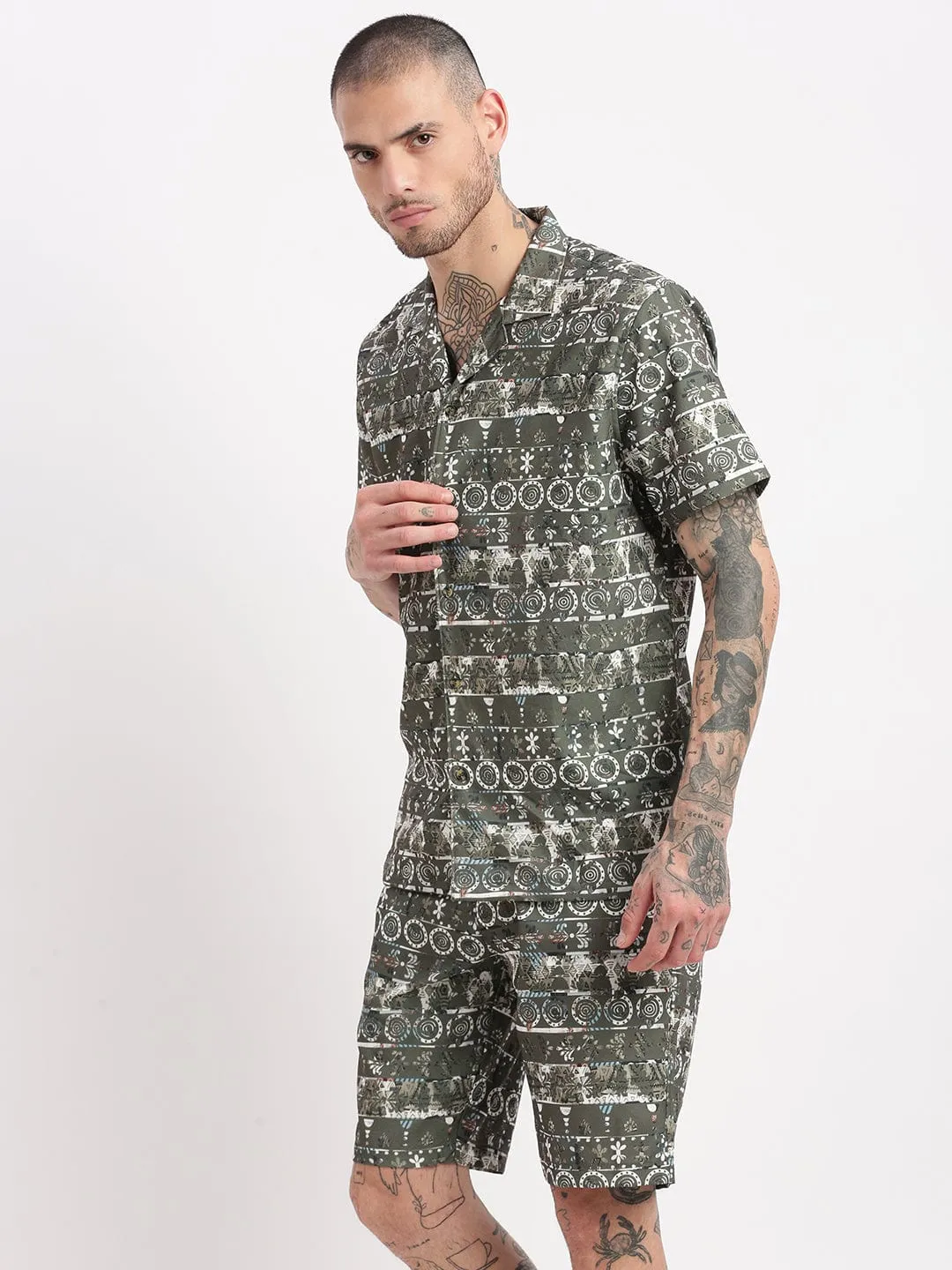 Men Graphic Printed Cuban Collar Green Co Ords Set