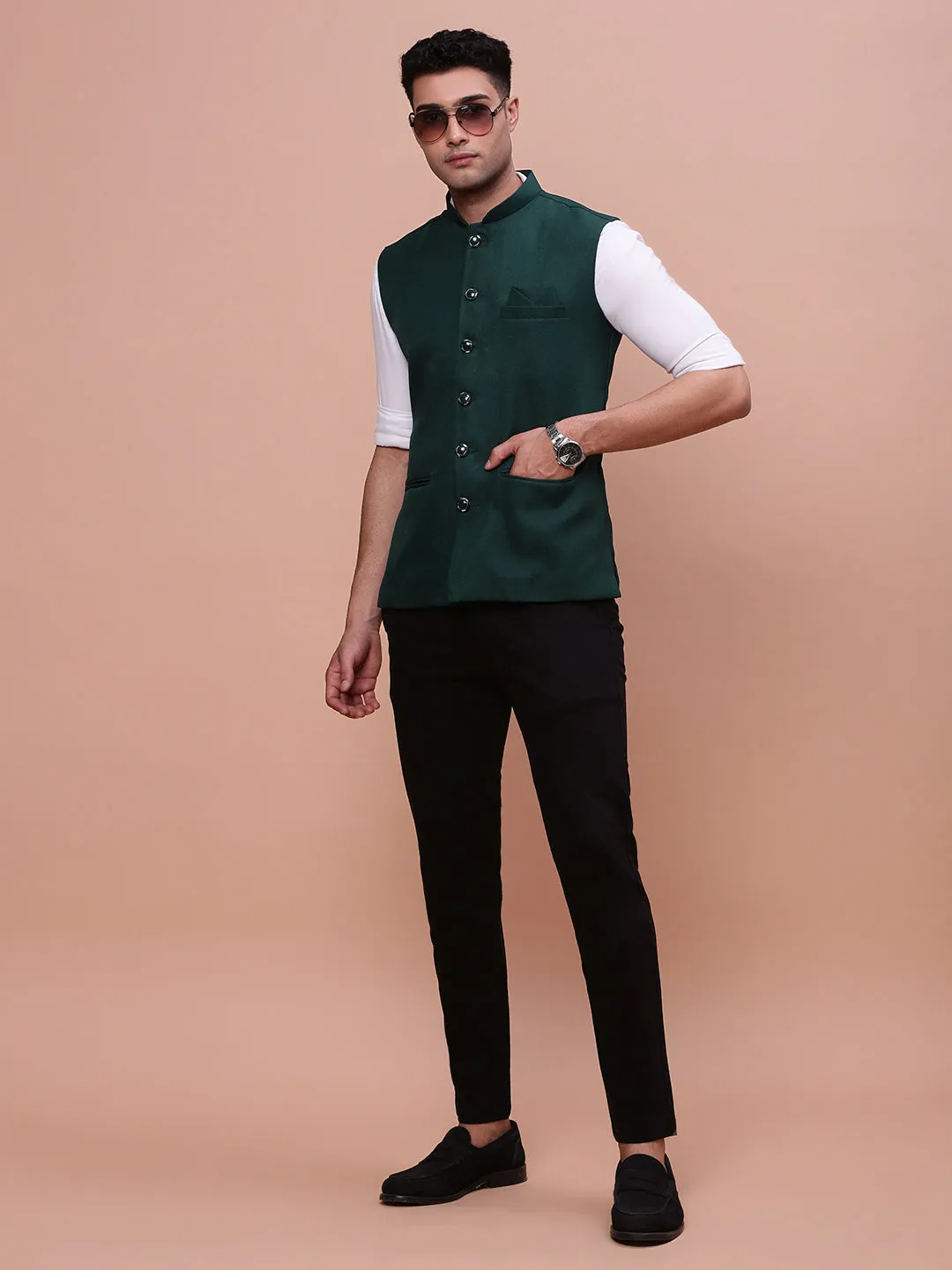 Men Green Slim-Fit Nehru Jacket