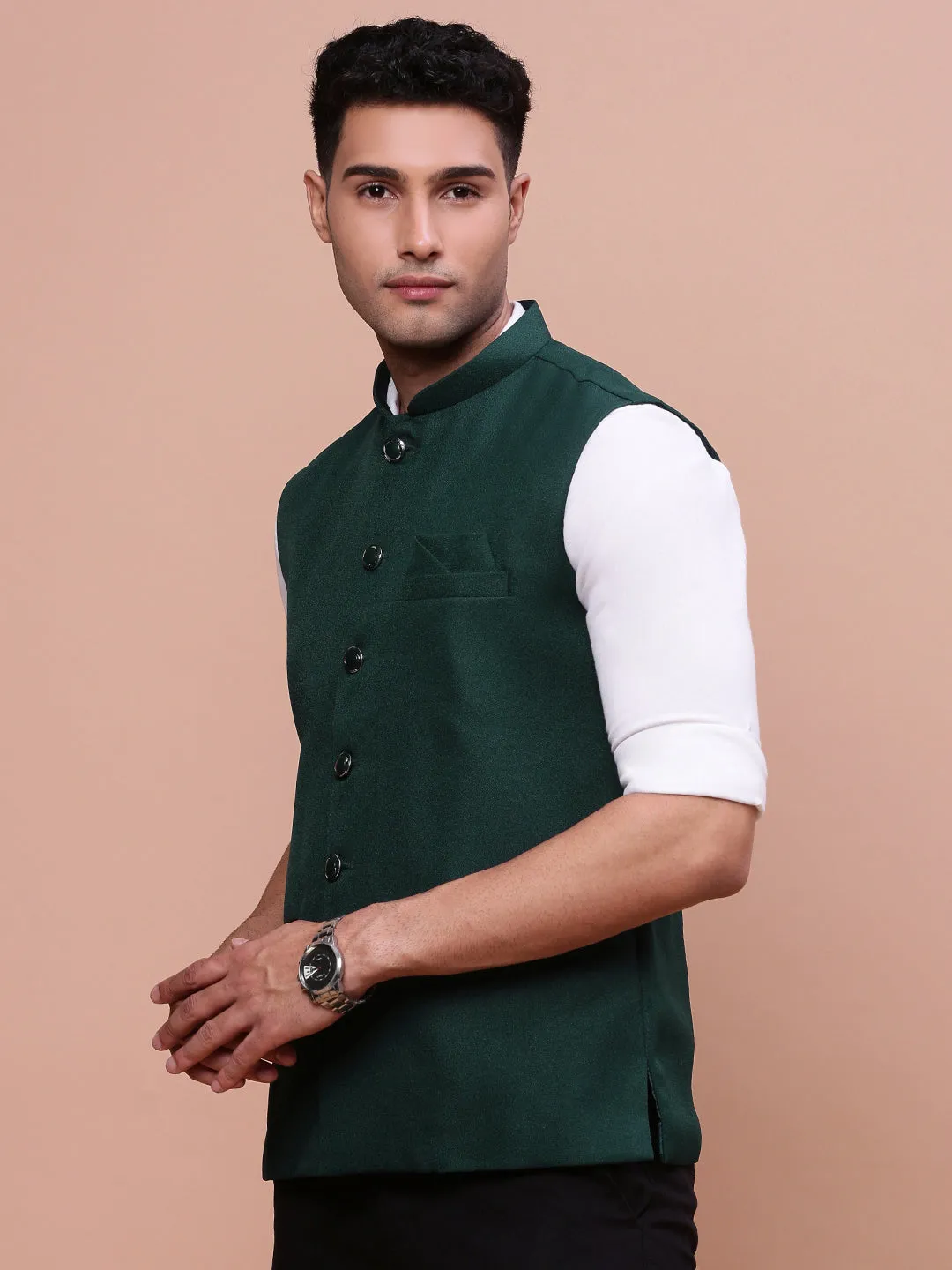 Men Green Slim-Fit Nehru Jacket