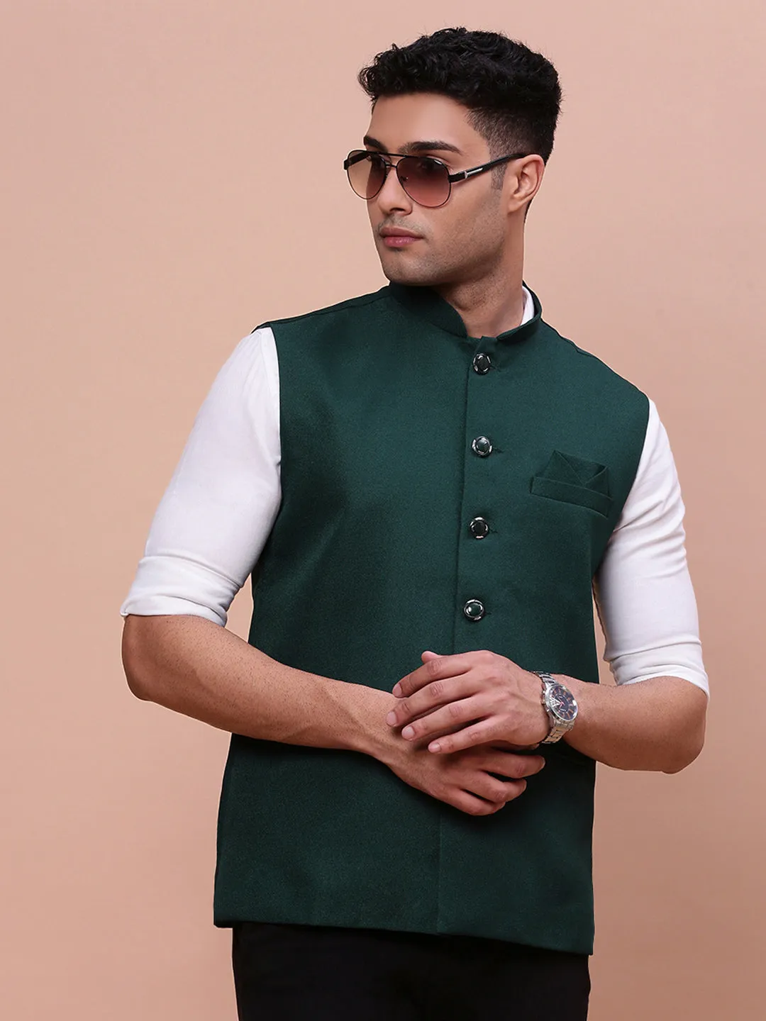 Men Green Slim-Fit Nehru Jacket