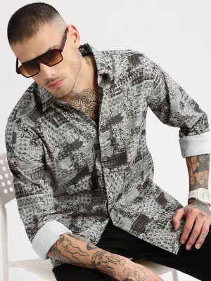 Men Grey Standard Slim Fit Abstract Printed Spread Collar Casual Shirt