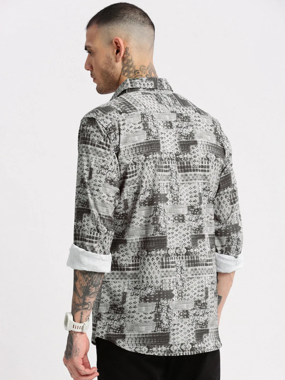 Men Grey Standard Slim Fit Abstract Printed Spread Collar Casual Shirt