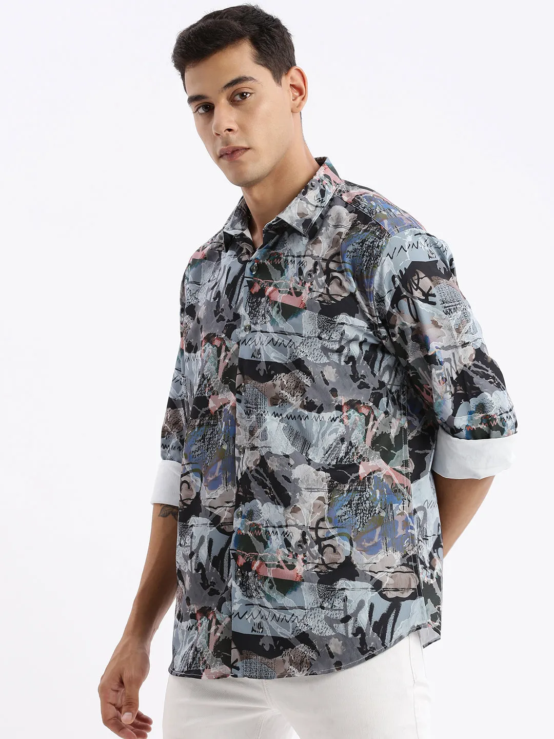 Men Multi Standard Slim Fit Abstract Opaque Printed Casual Shirt