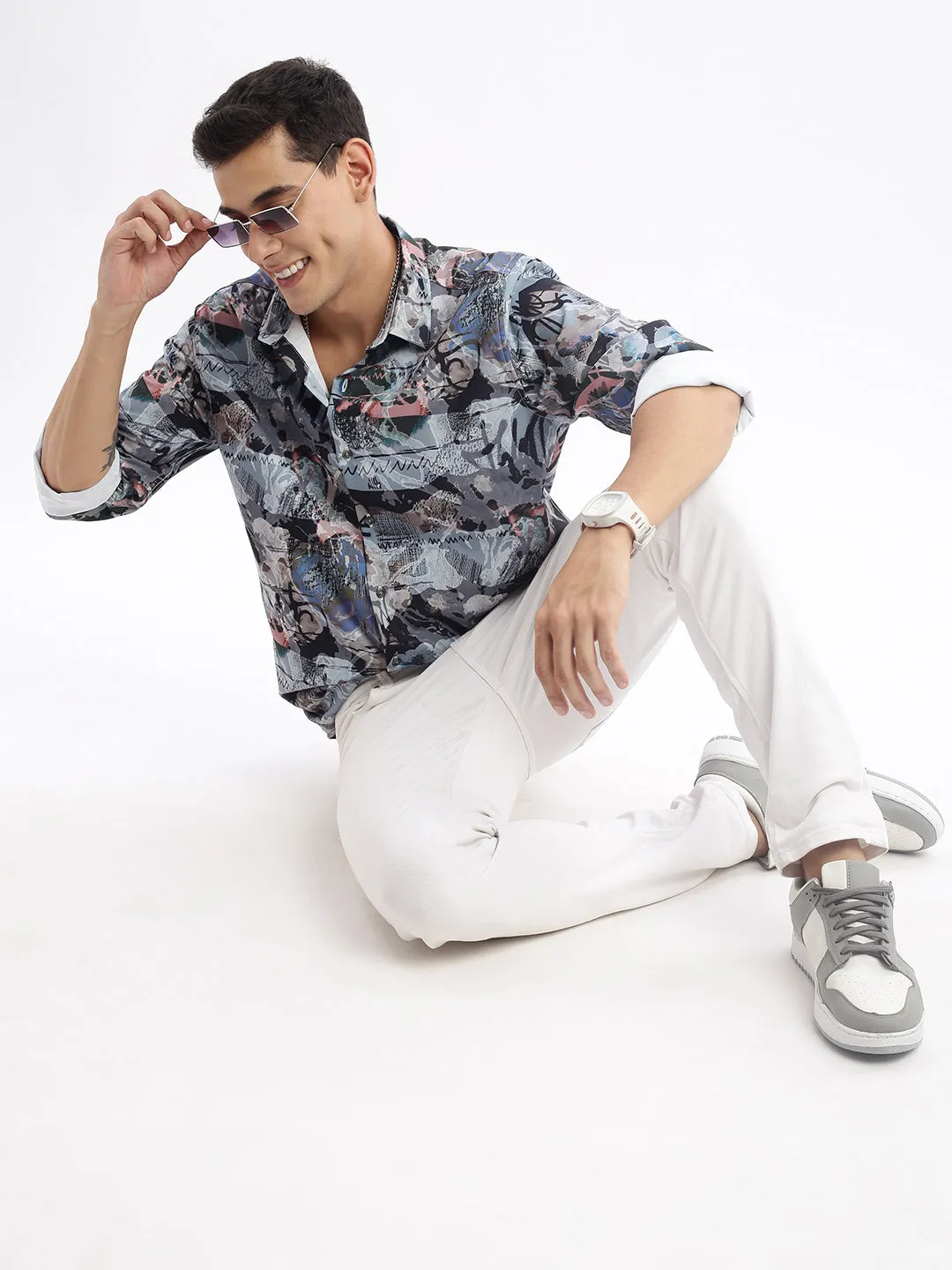 Men Multi Standard Slim Fit Abstract Opaque Printed Casual Shirt