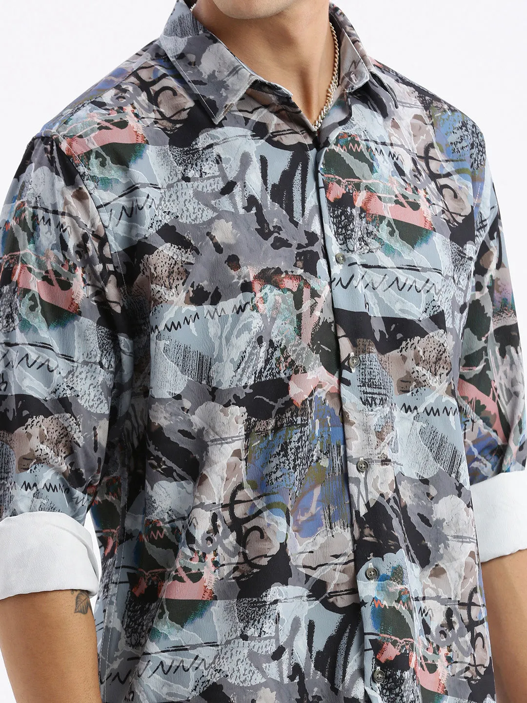 Men Multi Standard Slim Fit Abstract Opaque Printed Casual Shirt