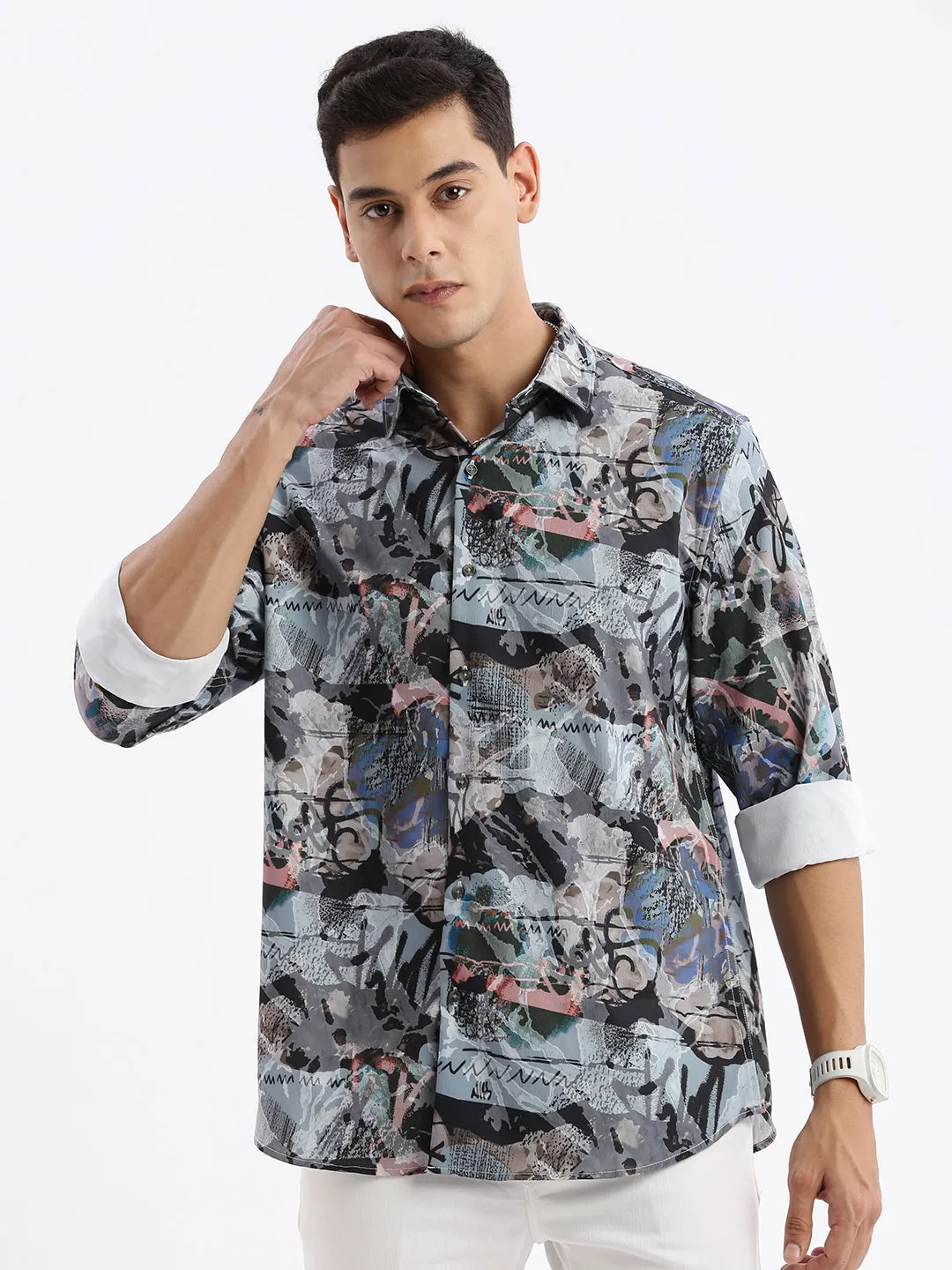 Men Multi Standard Slim Fit Abstract Opaque Printed Casual Shirt