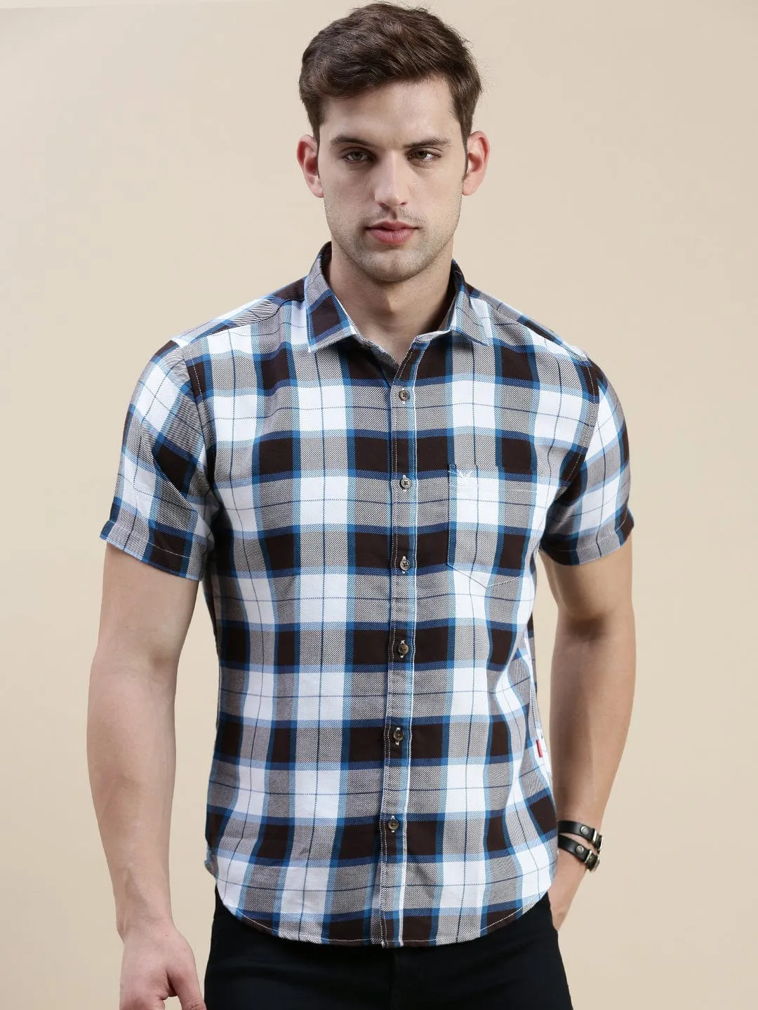 Men Multi Standard Slim Fit Checked Spread Collar Cotton Casual Shirt