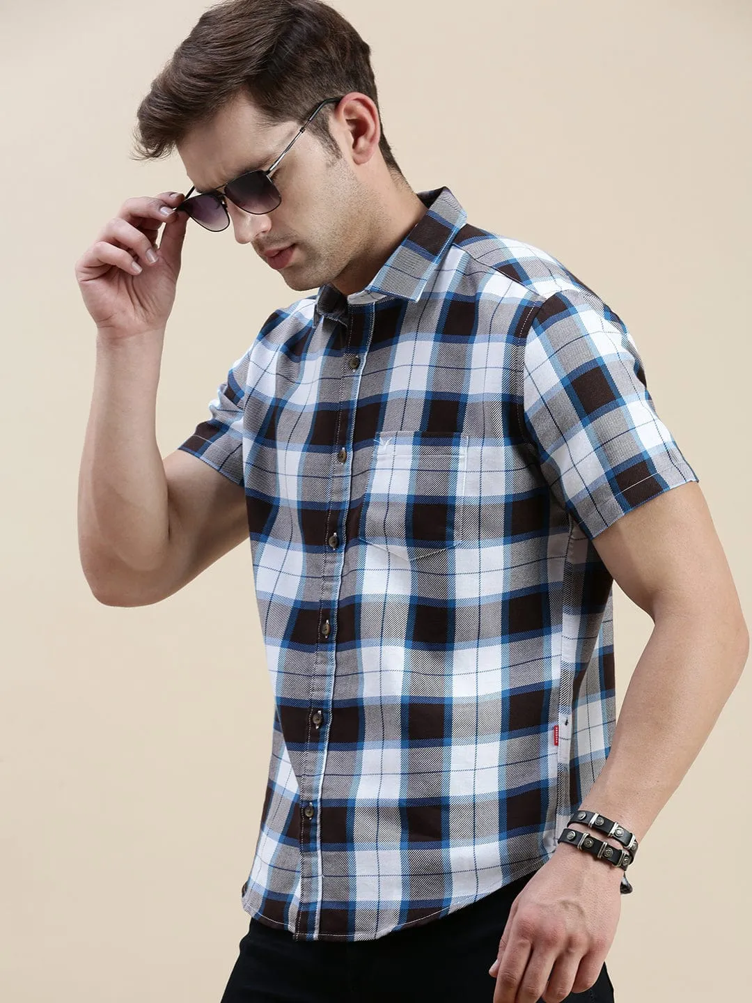 Men Multi Standard Slim Fit Checked Spread Collar Cotton Casual Shirt