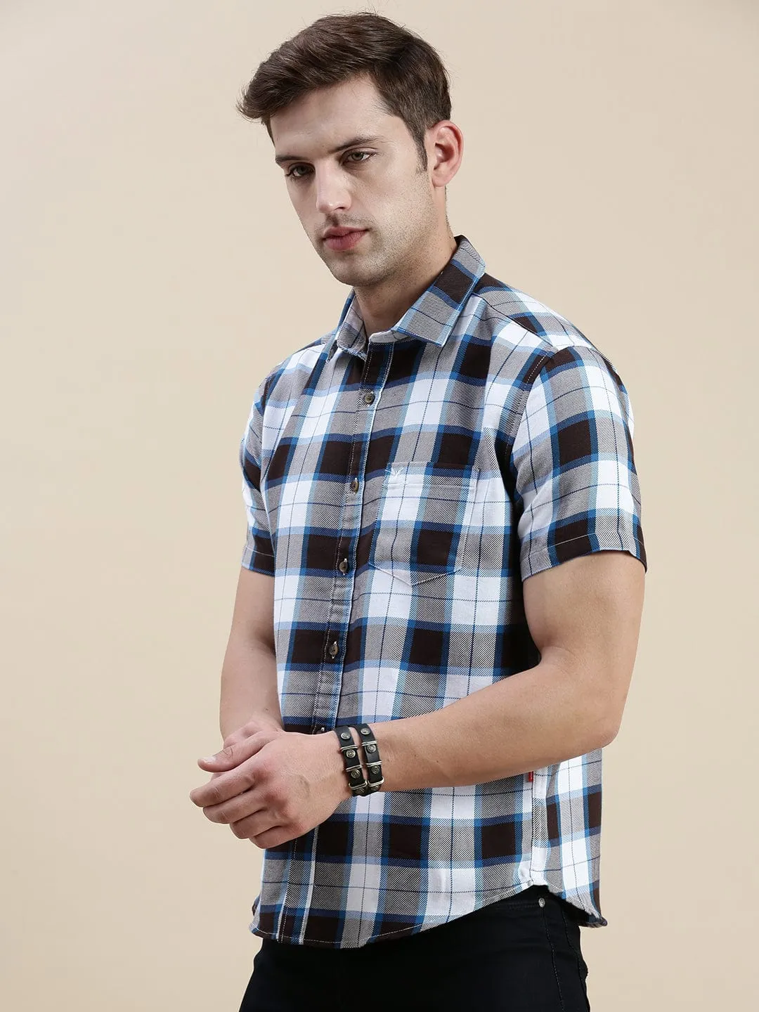 Men Multi Standard Slim Fit Checked Spread Collar Cotton Casual Shirt