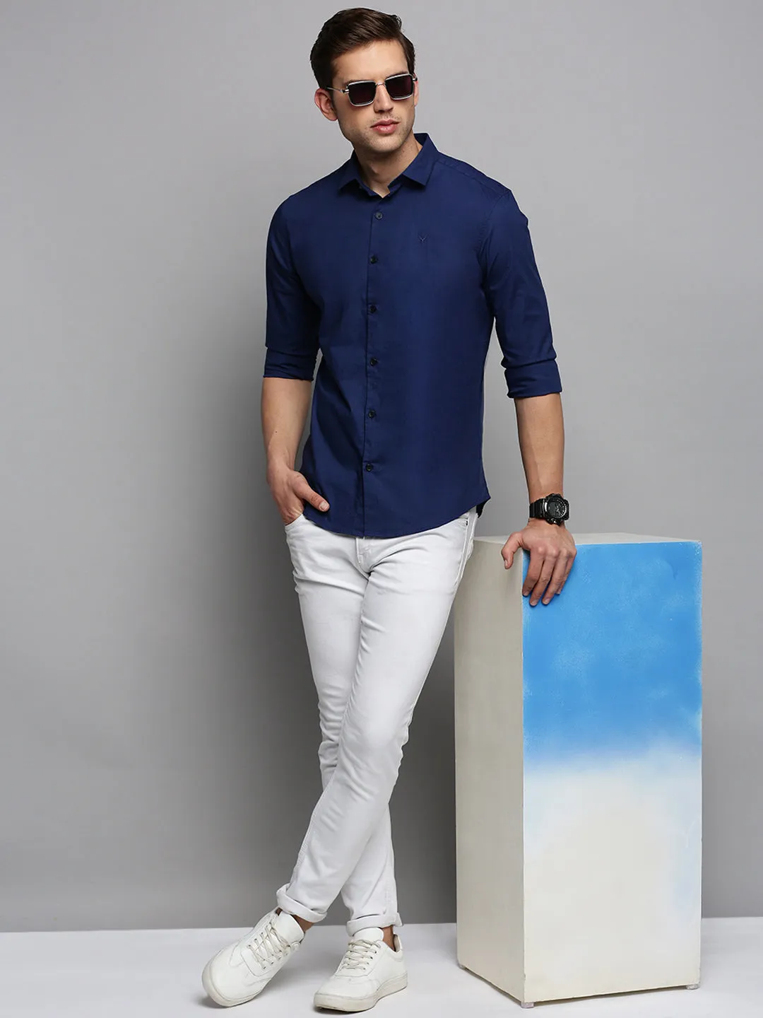 Men Navy Blue Spread Collar Cotton Regular Fit Classic Shirt