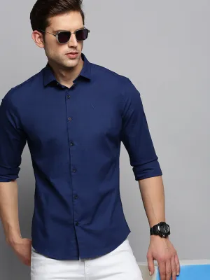 Men Navy Blue Spread Collar Cotton Regular Fit Classic Shirt