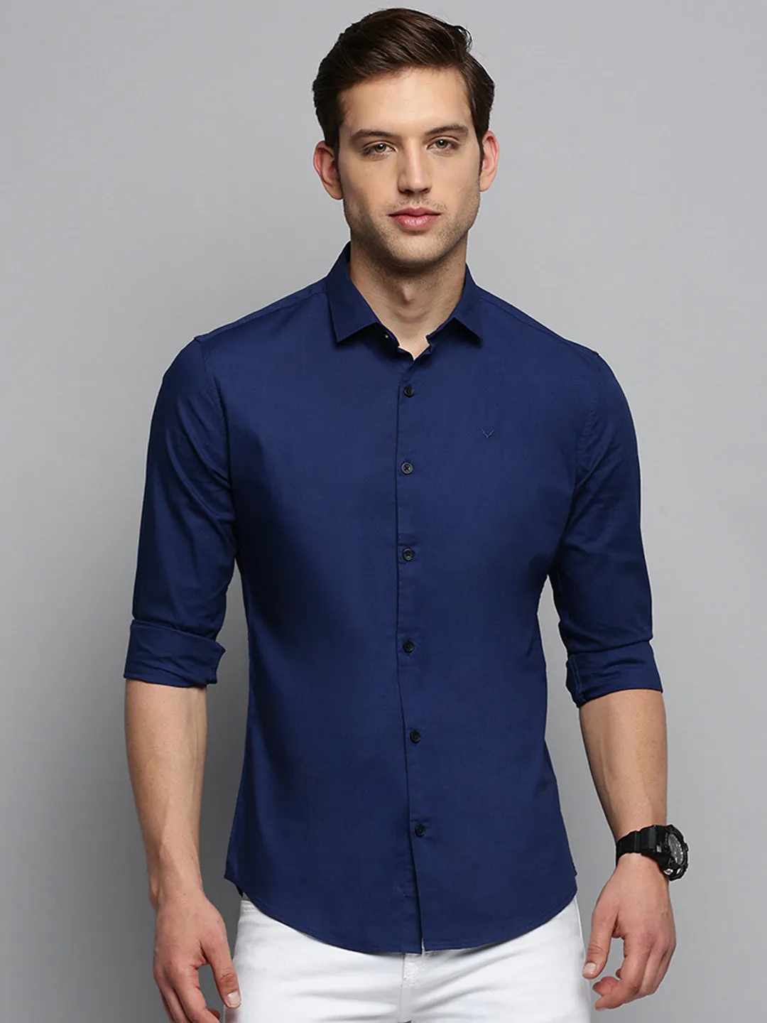 Men Navy Blue Spread Collar Cotton Regular Fit Classic Shirt