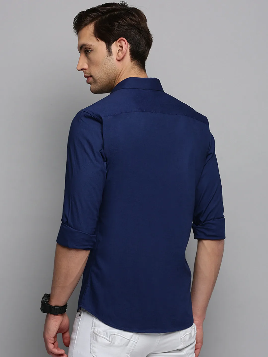 Men Navy Blue Spread Collar Cotton Regular Fit Classic Shirt