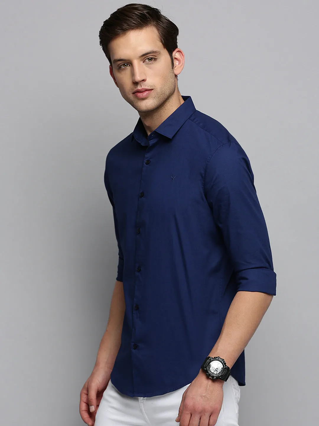Men Navy Blue Spread Collar Cotton Regular Fit Classic Shirt