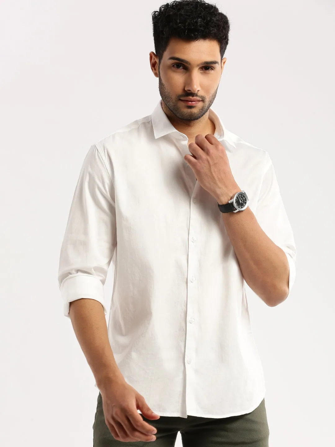 Men White Slim Fit Long Sleeves Cotton Casual Shirt