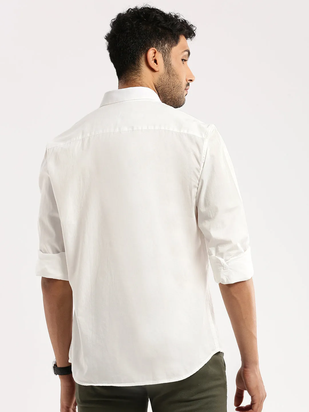 Men White Slim Fit Long Sleeves Cotton Casual Shirt