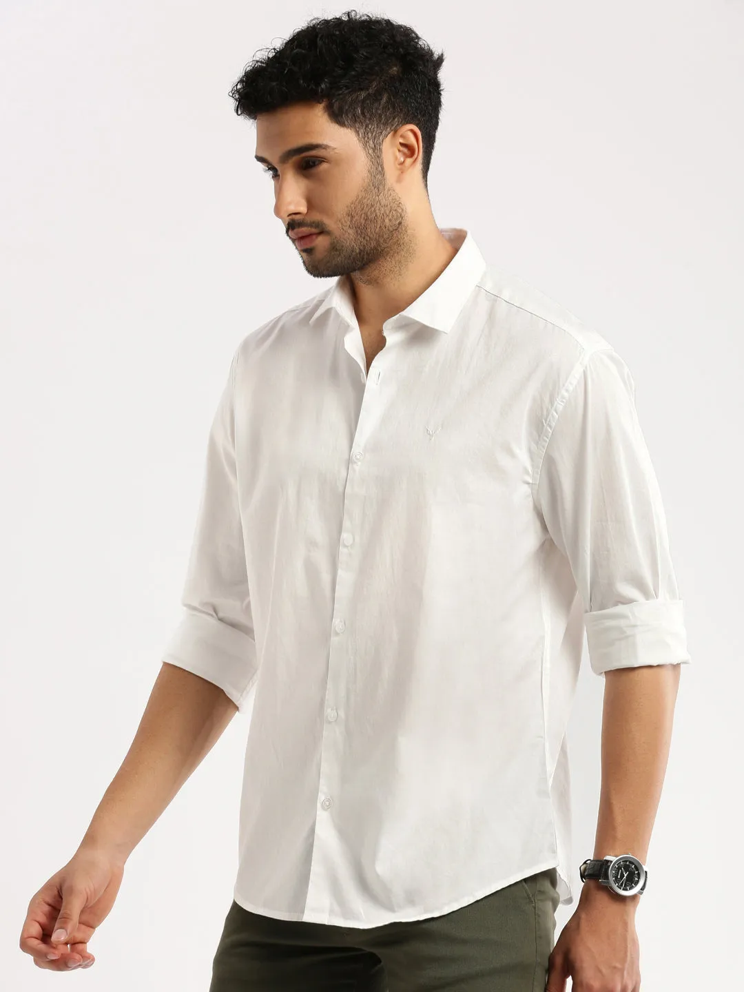 Men White Slim Fit Long Sleeves Cotton Casual Shirt