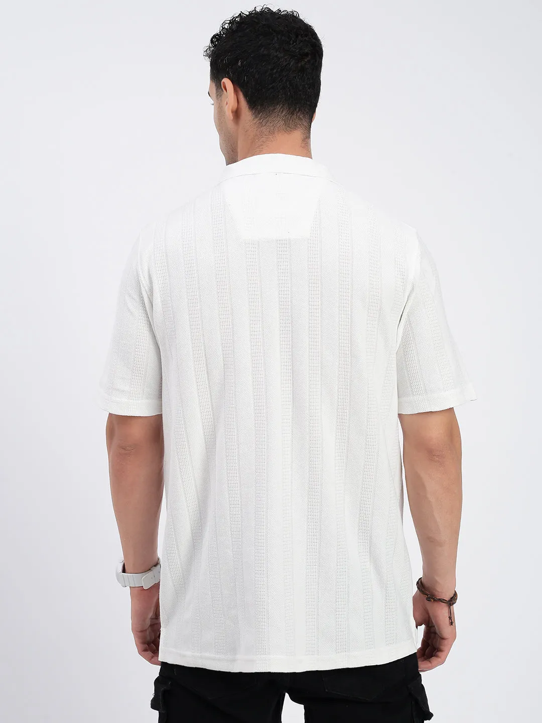 Men White Standard Cuban Collar Textured Cotton Casual Shirt