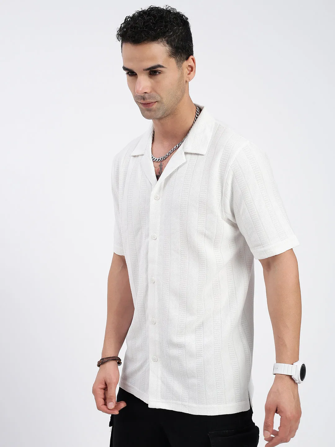 Men White Standard Cuban Collar Textured Cotton Casual Shirt