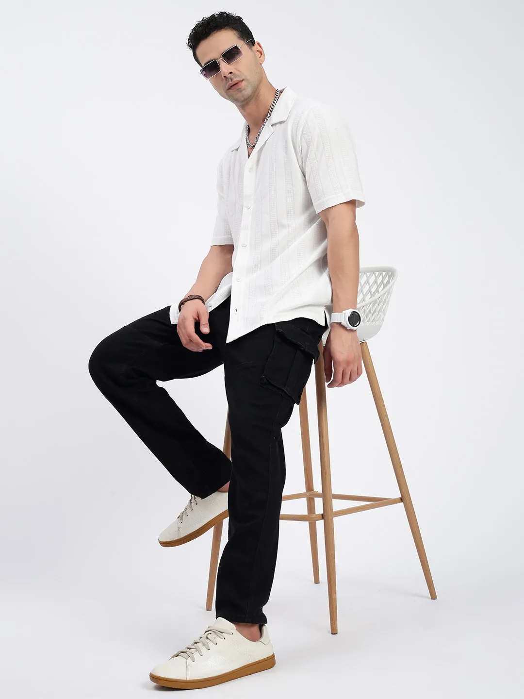 Men White Standard Cuban Collar Textured Cotton Casual Shirt