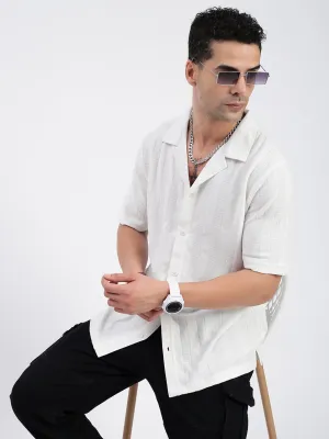 Men White Standard Cuban Collar Textured Cotton Casual Shirt
