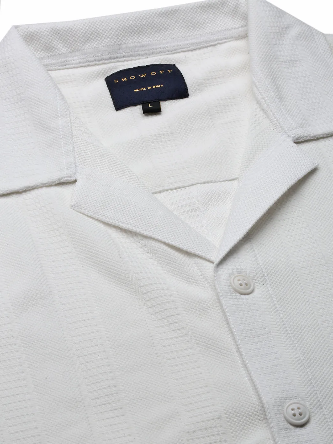 Men White Standard Cuban Collar Textured Cotton Casual Shirt